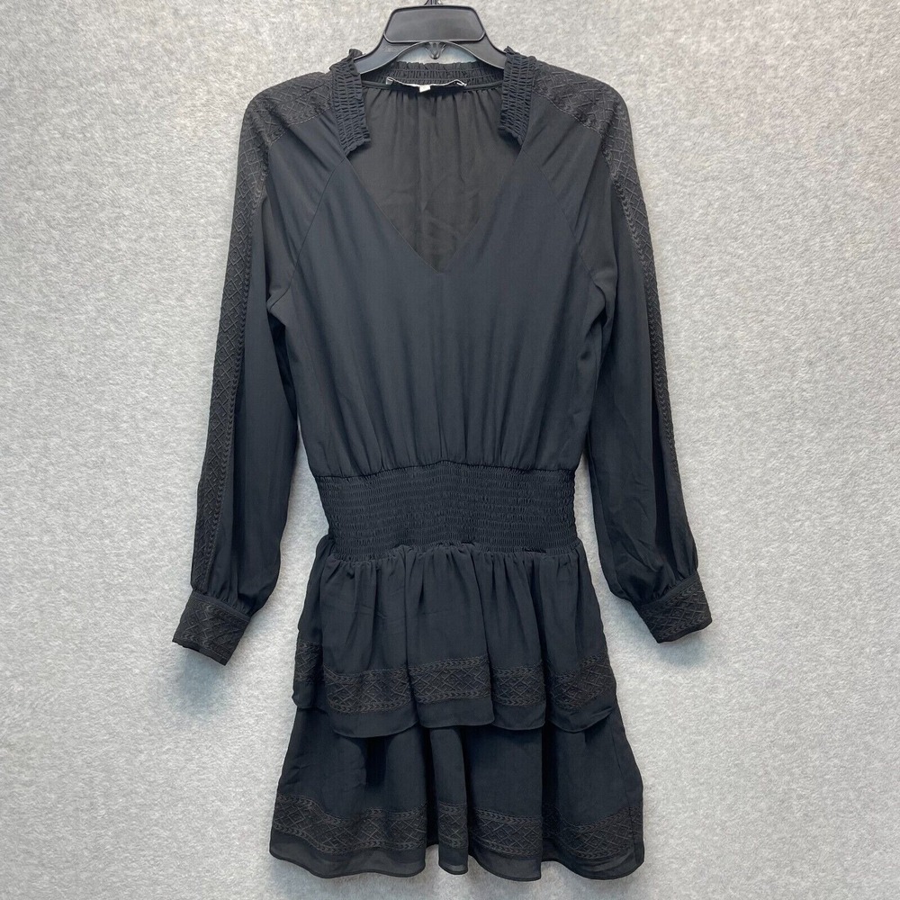 Rebecca Minkoff Noelle Dress Womens XS Black Peasant Embroidered Smocked V-Neck